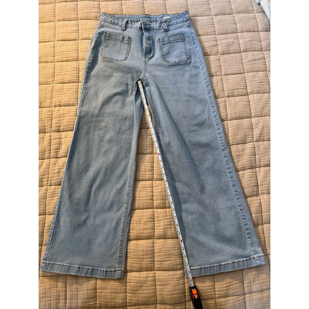 Unbranded Jeans Women XL Blue Wide Leg High Rise Front Patch Pockets Stretch